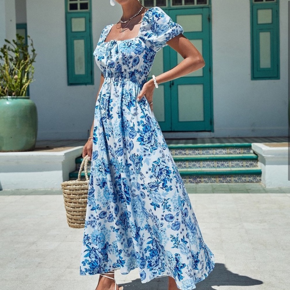Luxe blue floral print square neck maxi dress